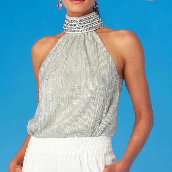 Odille Anthropologie Odile Women's Medium Halter Top Silver Crystal New Tags - Picture 1 of 7